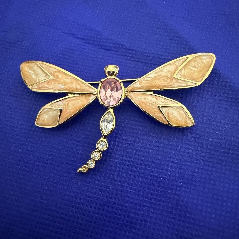 VINTAGE KJL FOR AVON Gold Tone Pink Glass Dragonfly Brooch Pin Enamel Rhinestone